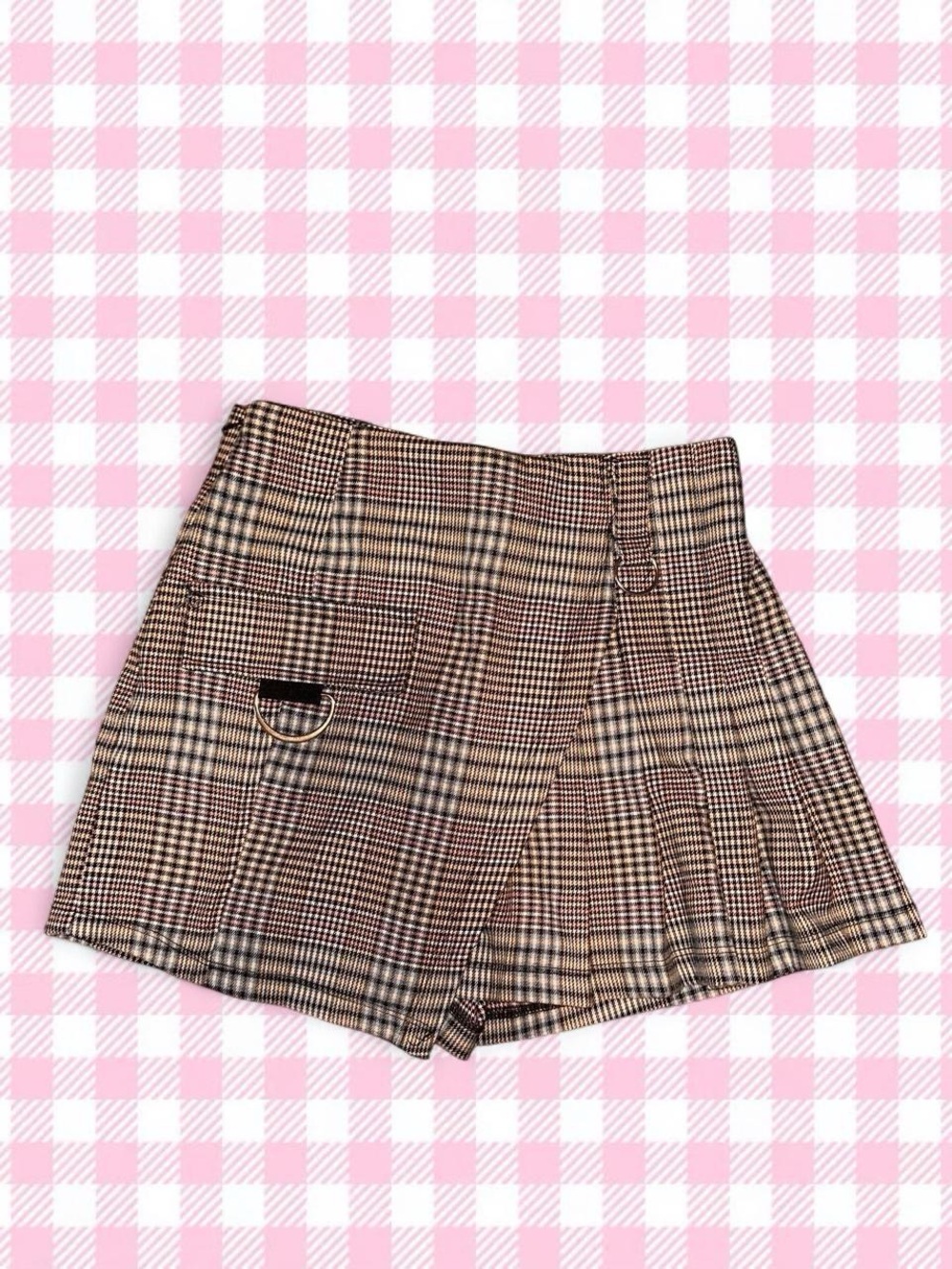 Plaid Wrap-Style Skort in Brown Check